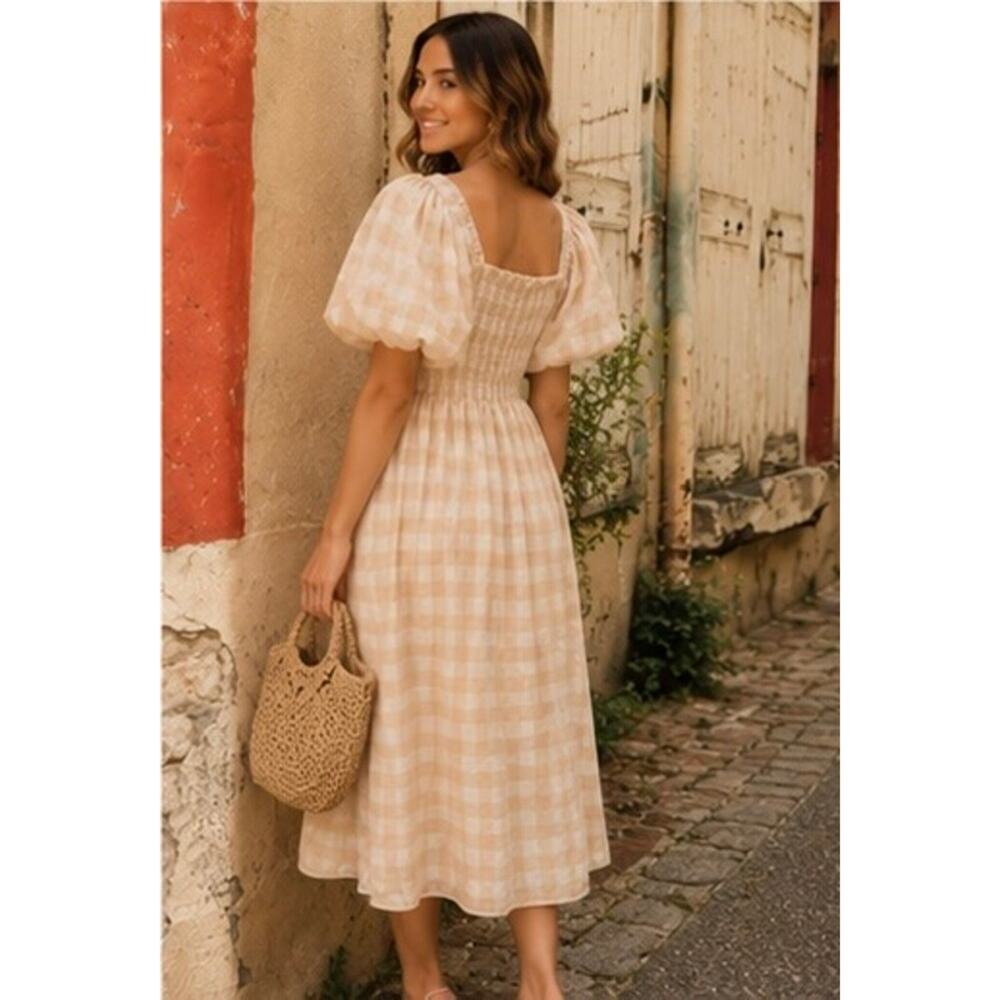 Charina Sarte Selena Dress Gingham Linen Puff Sleeve Midi Dress Large - Picture 6 of 12